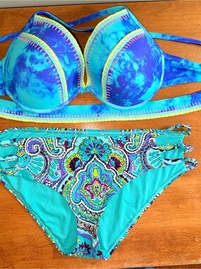 aerie / Sand & Shore Teal & Blue Swim Hipster Bikini Bundle 👙 🏝️ 36D/L